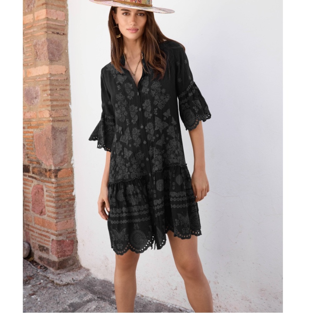 Johnny Was Gracie Black Dress with Scalloped Edges in Black Size S
